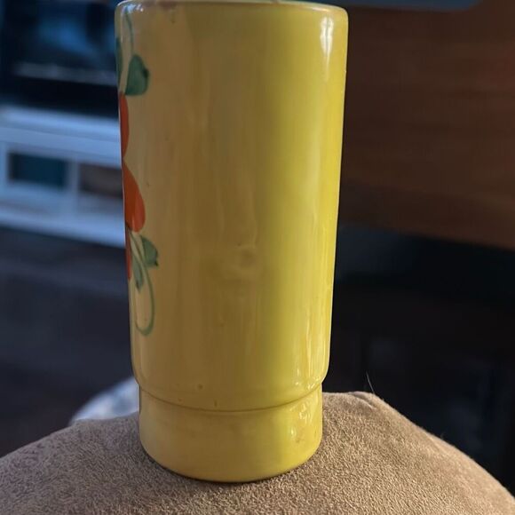 Vintage 4” Cylinder Vase Bright Yellow with Orange Flower. - Picture 2 of 6